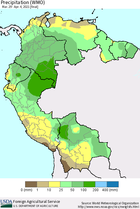 Northern South America Precipitation (WMO) Thematic Map For 3/29/2021 - 4/4/2021