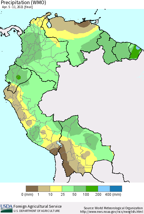 Northern South America Precipitation (WMO) Thematic Map For 4/5/2021 - 4/11/2021