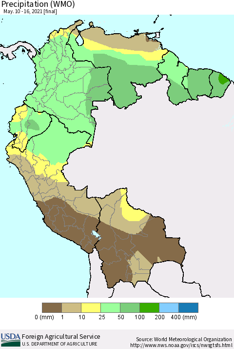 Northern South America Precipitation (WMO) Thematic Map For 5/10/2021 - 5/16/2021
