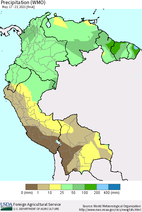 Northern South America Precipitation (WMO) Thematic Map For 5/17/2021 - 5/23/2021