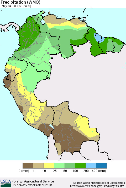 Northern South America Precipitation (WMO) Thematic Map For 5/24/2021 - 5/30/2021