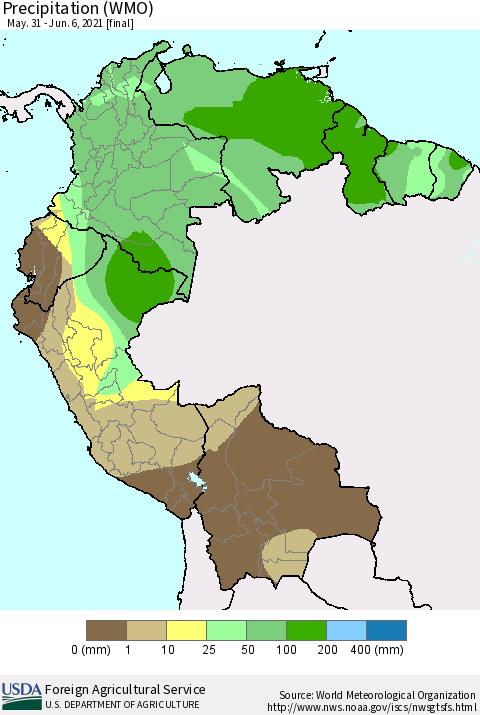 Northern South America Precipitation (WMO) Thematic Map For 5/31/2021 - 6/6/2021