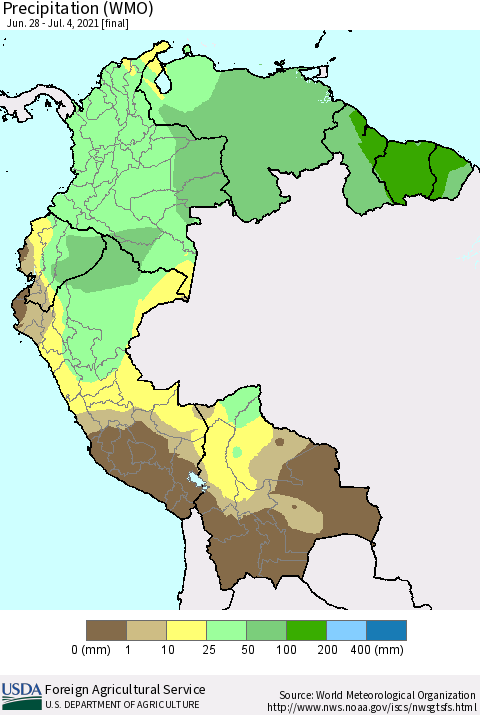 Northern South America Precipitation (WMO) Thematic Map For 6/28/2021 - 7/4/2021