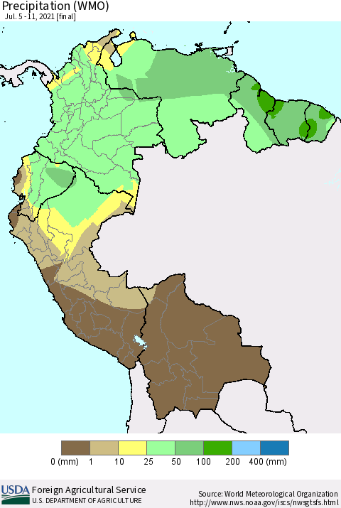 Northern South America Precipitation (WMO) Thematic Map For 7/5/2021 - 7/11/2021