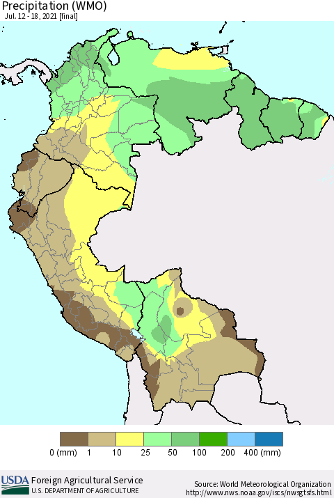 Northern South America Precipitation (WMO) Thematic Map For 7/12/2021 - 7/18/2021