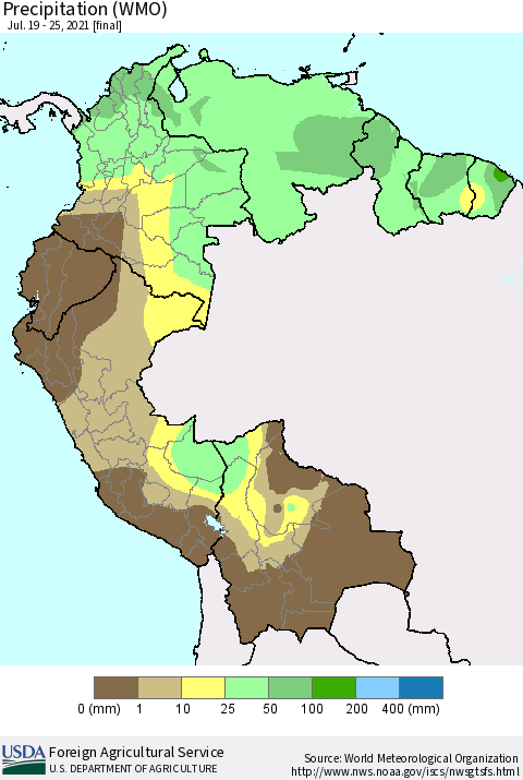 Northern South America Precipitation (WMO) Thematic Map For 7/19/2021 - 7/25/2021