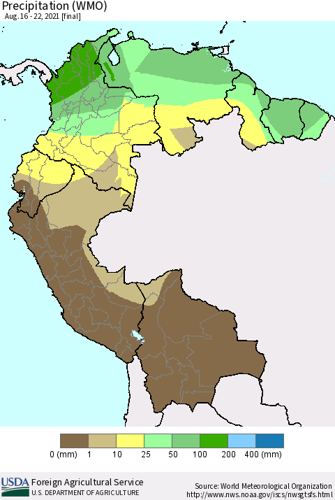 Northern South America Precipitation (WMO) Thematic Map For 8/16/2021 - 8/22/2021