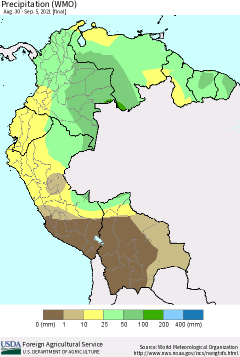 Northern South America Precipitation (WMO) Thematic Map For 8/30/2021 - 9/5/2021