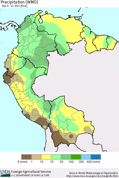 Northern South America Precipitation (WMO) Thematic Map For 9/6/2021 - 9/12/2021