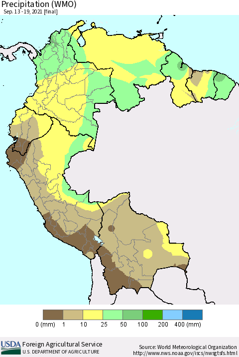 Northern South America Precipitation (WMO) Thematic Map For 9/13/2021 - 9/19/2021