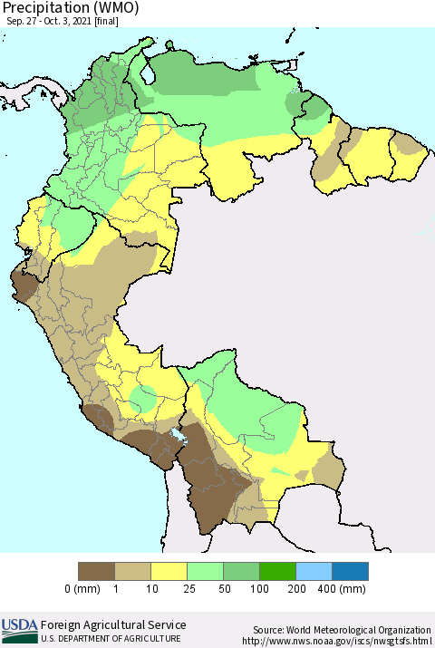 Northern South America Precipitation (WMO) Thematic Map For 9/27/2021 - 10/3/2021