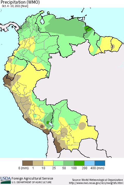 Northern South America Precipitation (WMO) Thematic Map For 10/4/2021 - 10/10/2021