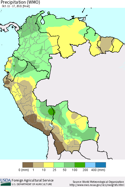 Northern South America Precipitation (WMO) Thematic Map For 10/11/2021 - 10/17/2021