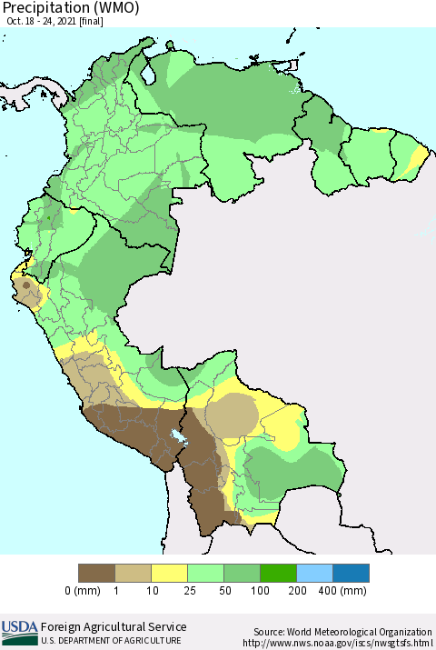 Northern South America Precipitation (WMO) Thematic Map For 10/18/2021 - 10/24/2021