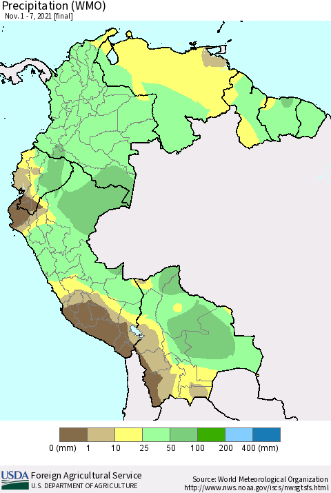Northern South America Precipitation (WMO) Thematic Map For 11/1/2021 - 11/7/2021