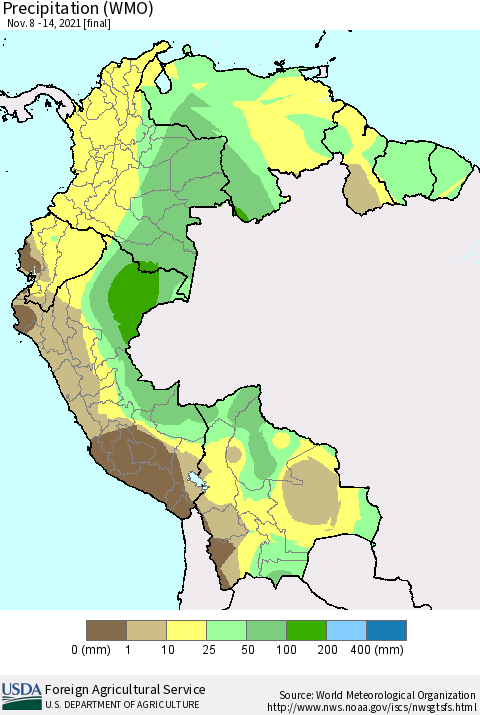 Northern South America Precipitation (WMO) Thematic Map For 11/8/2021 - 11/14/2021