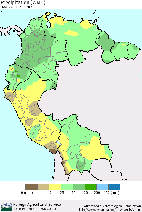 Northern South America Precipitation (WMO) Thematic Map For 11/22/2021 - 11/28/2021