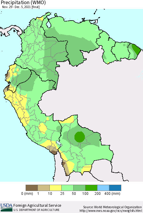 Northern South America Precipitation (WMO) Thematic Map For 11/29/2021 - 12/5/2021