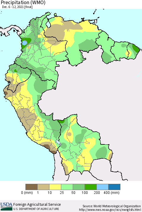 Northern South America Precipitation (WMO) Thematic Map For 12/6/2021 - 12/12/2021