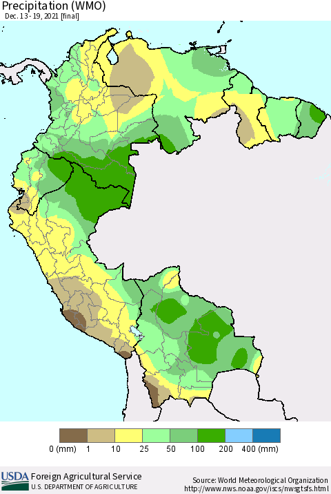 Northern South America Precipitation (WMO) Thematic Map For 12/13/2021 - 12/19/2021