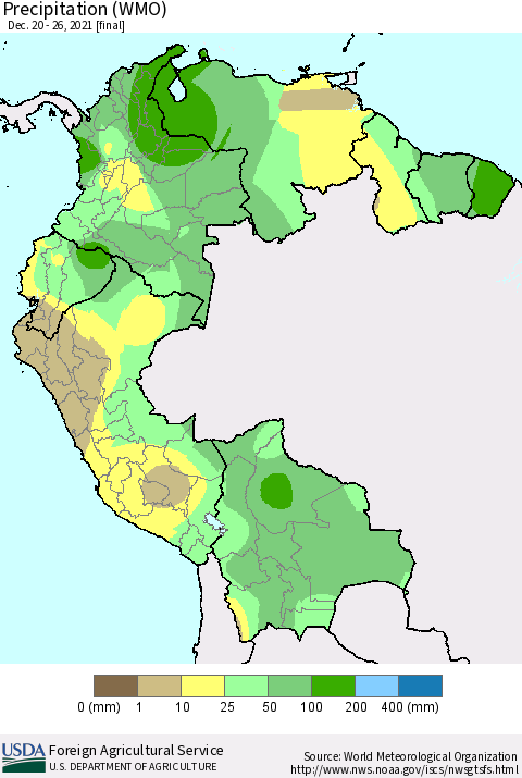 Northern South America Precipitation (WMO) Thematic Map For 12/20/2021 - 12/26/2021