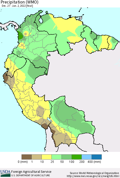 Northern South America Precipitation (WMO) Thematic Map For 12/27/2021 - 1/2/2022