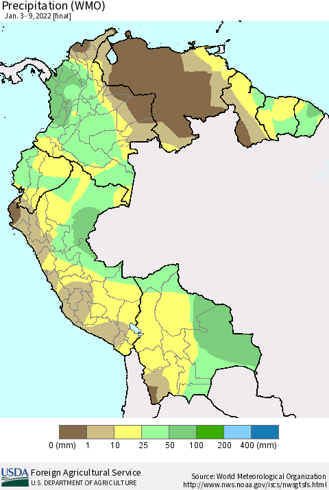 Northern South America Precipitation (WMO) Thematic Map For 1/3/2022 - 1/9/2022