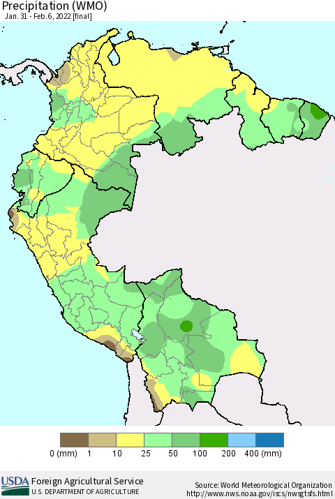 Northern South America Precipitation (WMO) Thematic Map For 1/31/2022 - 2/6/2022