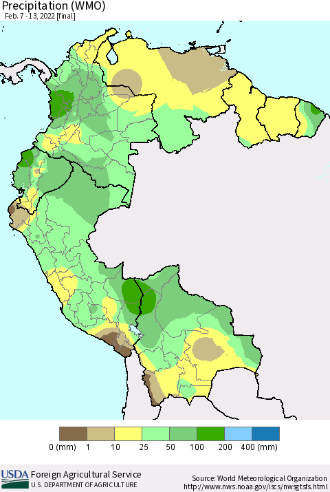 Northern South America Precipitation (WMO) Thematic Map For 2/7/2022 - 2/13/2022