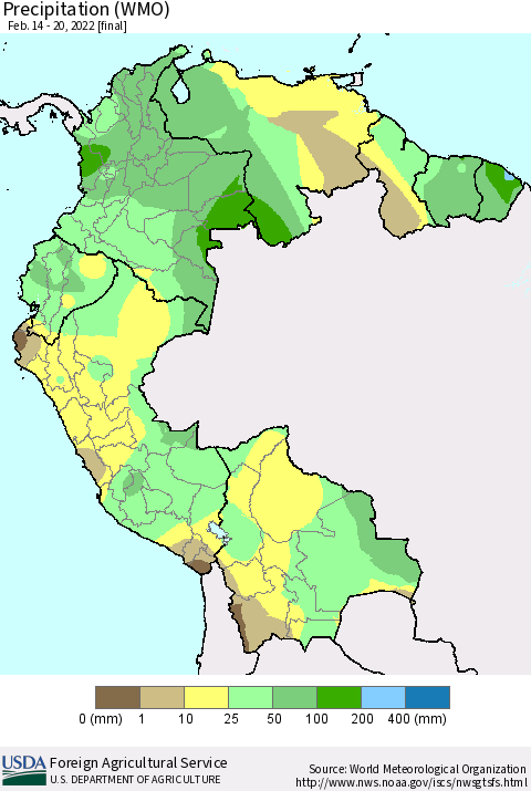 Northern South America Precipitation (WMO) Thematic Map For 2/14/2022 - 2/20/2022