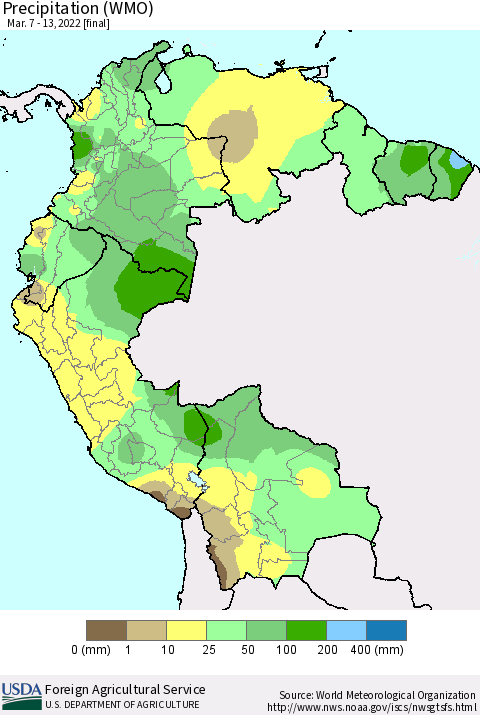 Northern South America Precipitation (WMO) Thematic Map For 3/7/2022 - 3/13/2022