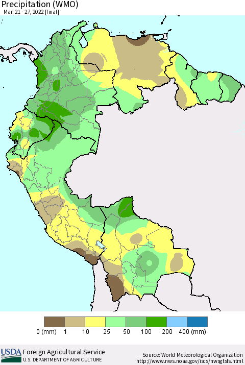 Northern South America Precipitation (WMO) Thematic Map For 3/21/2022 - 3/27/2022