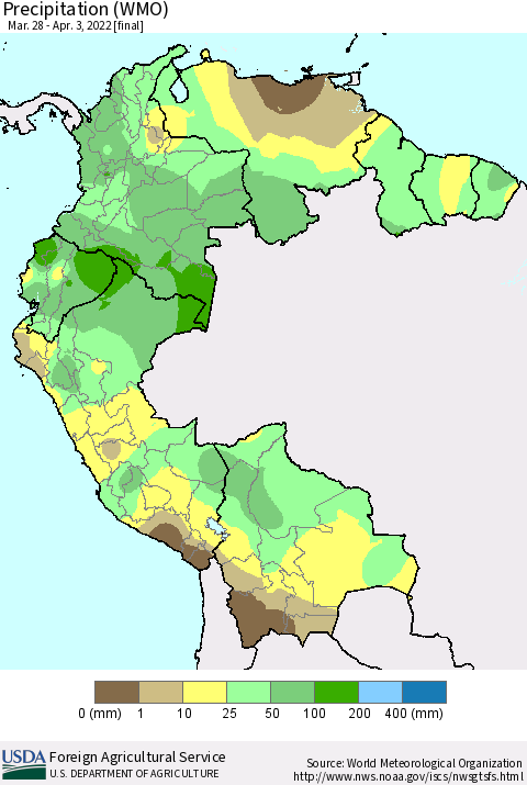 Northern South America Precipitation (WMO) Thematic Map For 3/28/2022 - 4/3/2022