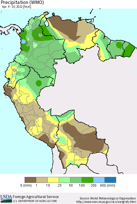Northern South America Precipitation (WMO) Thematic Map For 4/4/2022 - 4/10/2022