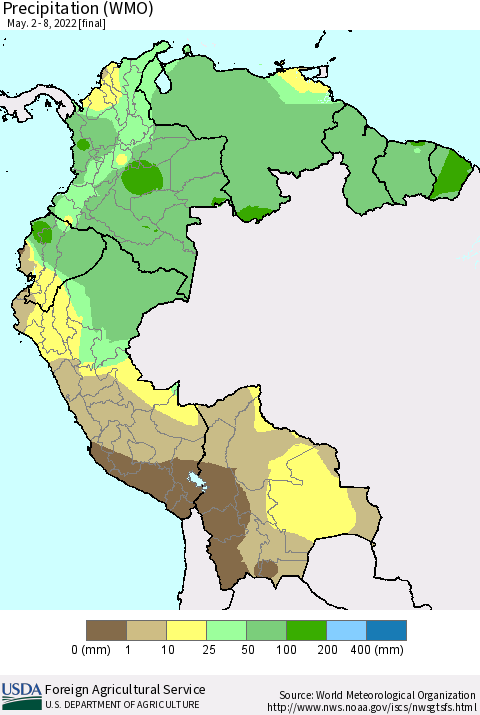 Northern South America Precipitation (WMO) Thematic Map For 5/2/2022 - 5/8/2022