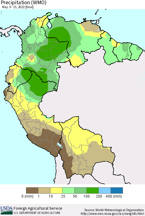 Northern South America Precipitation (WMO) Thematic Map For 5/9/2022 - 5/15/2022