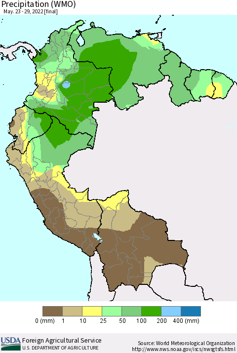 Northern South America Precipitation (WMO) Thematic Map For 5/23/2022 - 5/29/2022