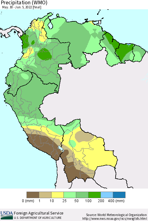 Northern South America Precipitation (WMO) Thematic Map For 5/30/2022 - 6/5/2022