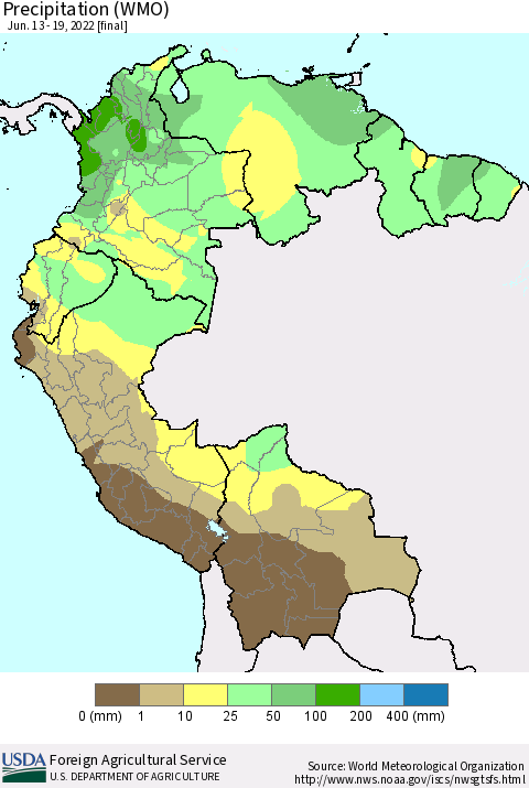 Northern South America Precipitation (WMO) Thematic Map For 6/13/2022 - 6/19/2022