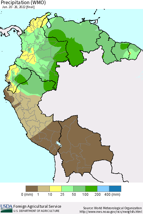Northern South America Precipitation (WMO) Thematic Map For 6/20/2022 - 6/26/2022