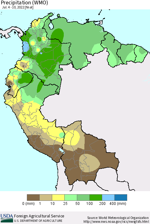 Northern South America Precipitation (WMO) Thematic Map For 7/4/2022 - 7/10/2022