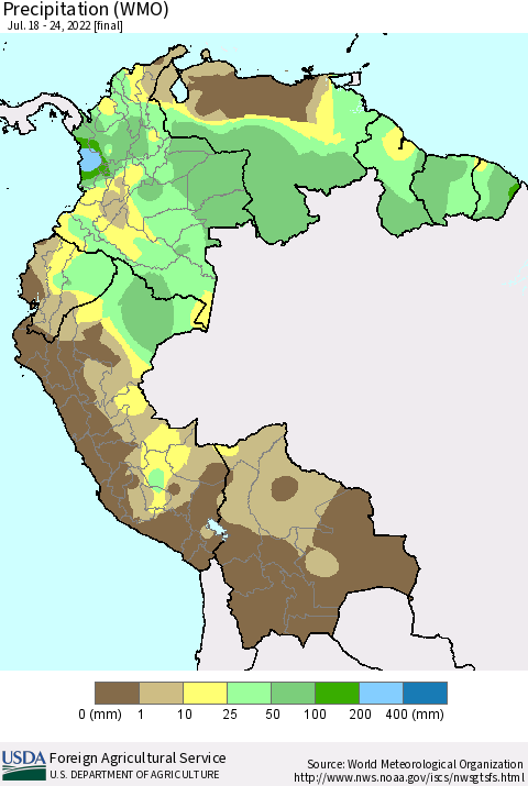 Northern South America Precipitation (WMO) Thematic Map For 7/18/2022 - 7/24/2022