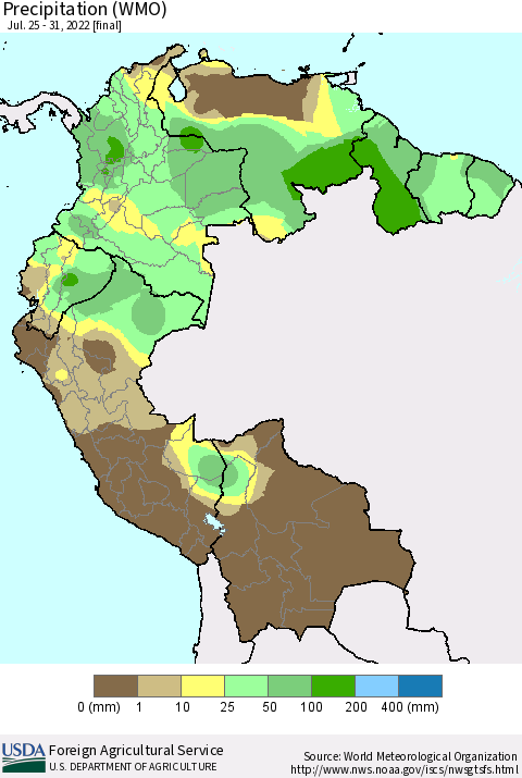 Northern South America Precipitation (WMO) Thematic Map For 7/25/2022 - 7/31/2022