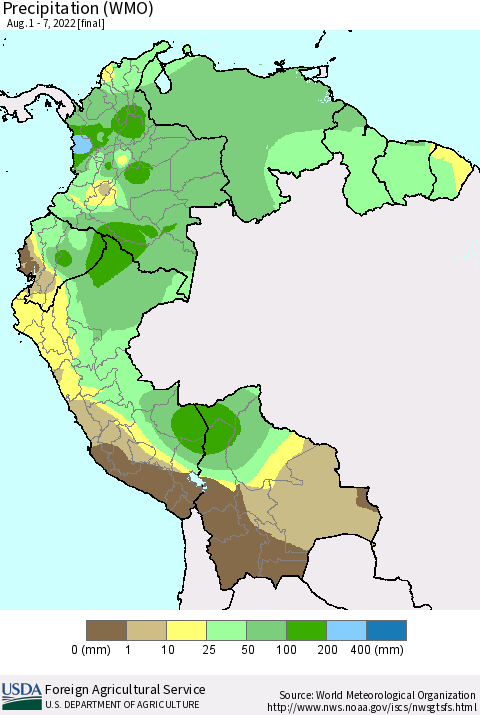 Northern South America Precipitation (WMO) Thematic Map For 8/1/2022 - 8/7/2022