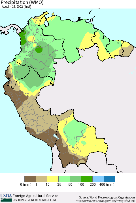 Northern South America Precipitation (WMO) Thematic Map For 8/8/2022 - 8/14/2022