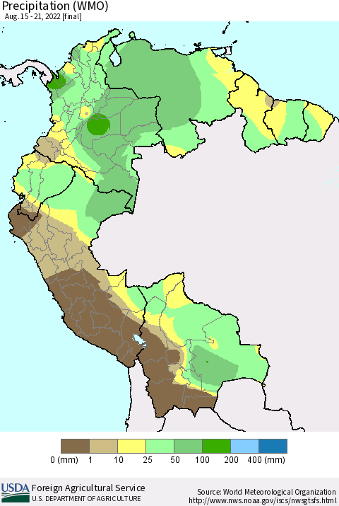 Northern South America Precipitation (WMO) Thematic Map For 8/15/2022 - 8/21/2022