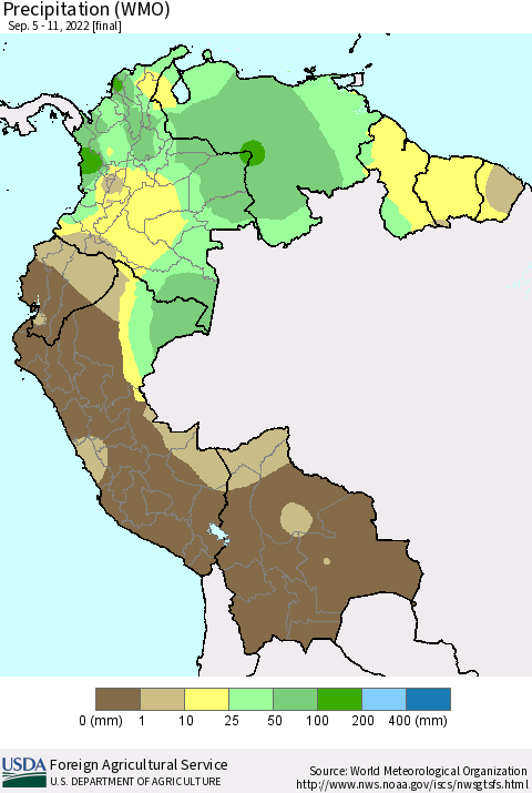 Northern South America Precipitation (WMO) Thematic Map For 9/5/2022 - 9/11/2022