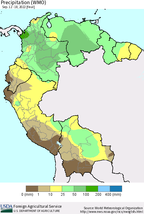Northern South America Precipitation (WMO) Thematic Map For 9/12/2022 - 9/18/2022