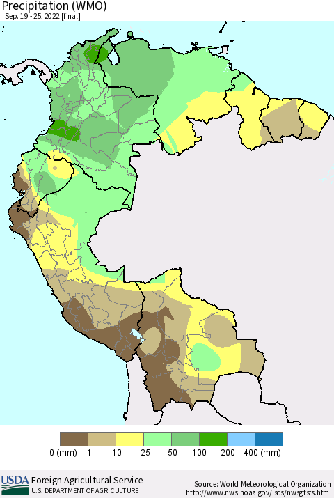 Northern South America Precipitation (WMO) Thematic Map For 9/19/2022 - 9/25/2022