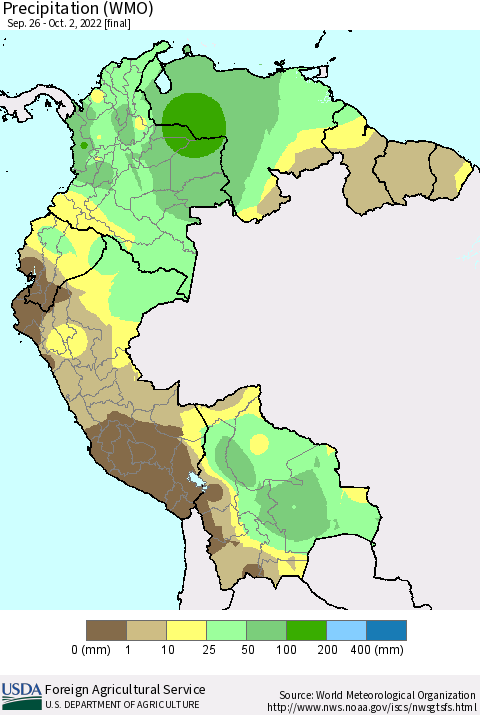 Northern South America Precipitation (WMO) Thematic Map For 9/26/2022 - 10/2/2022